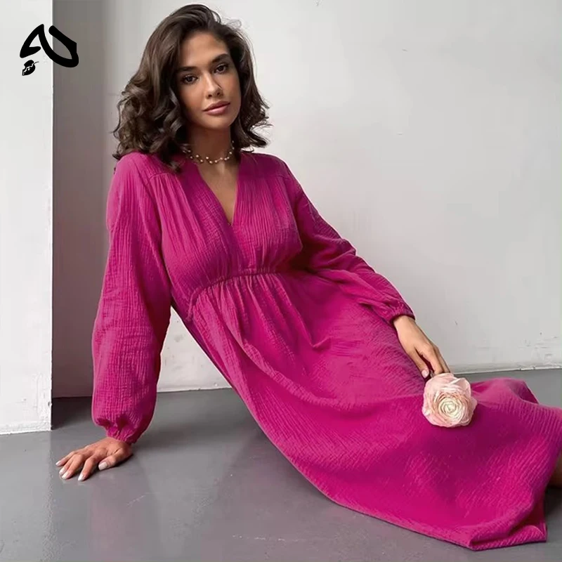 Original Elegant 100% Cotton Dress Long Sleeve V-Neck High Waist Evening Party Dress Women Robe Mori Girl White Midi Dresses