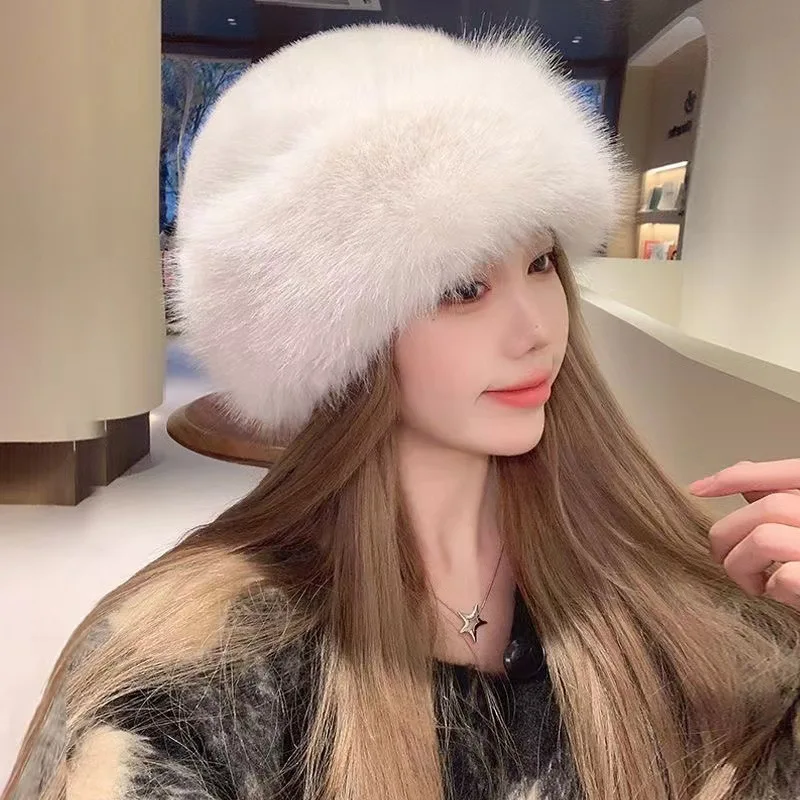 Winter New Plush Fur Imitation Fox Fisherman Hat Cold-Proof Thickeneded Hat Imitation Fur Warm Ear Protection Basin Hat