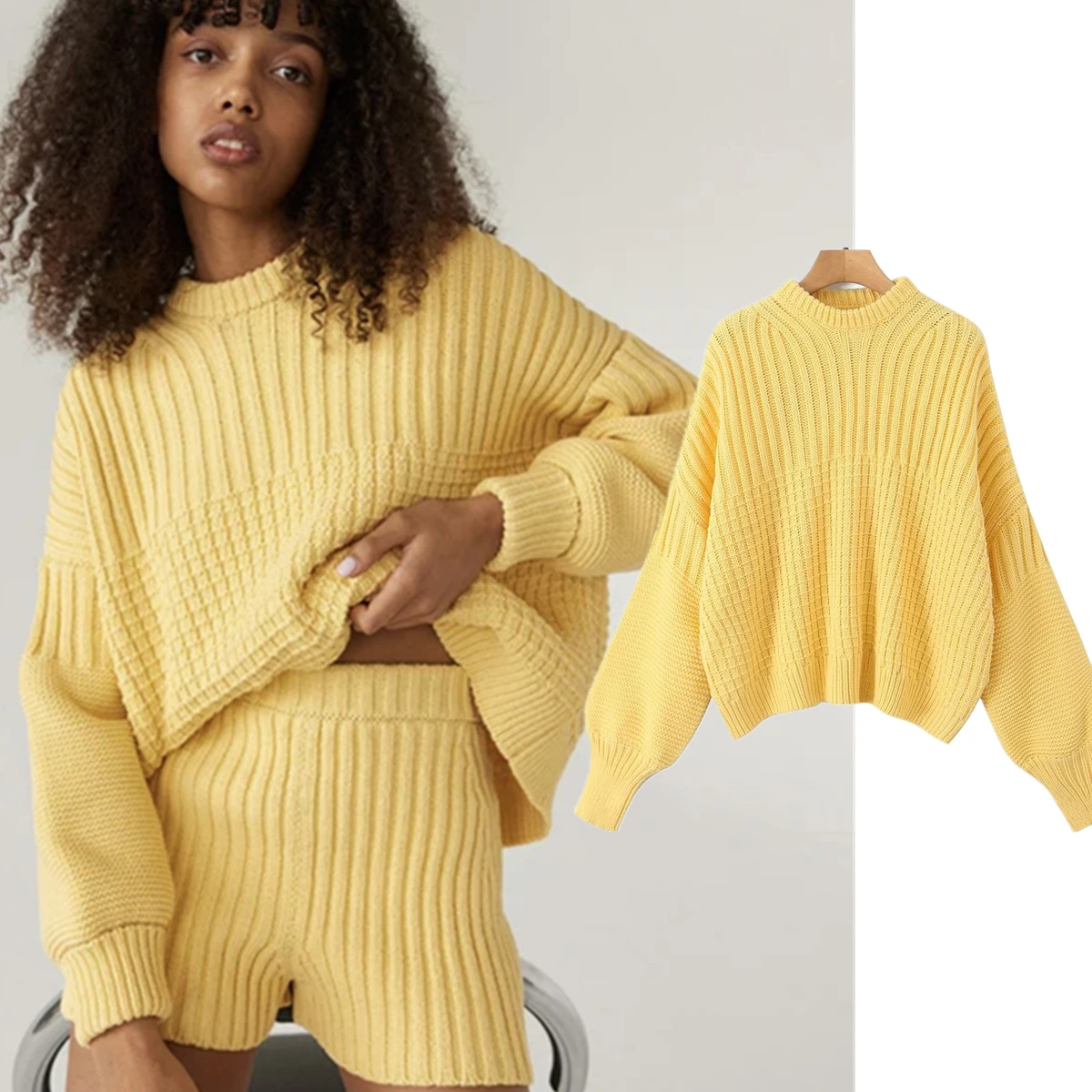 

Dave&Di Winter American Retro Yellow Fashionable Pullover Sweater Women Tops Fashion Ladies Loose Dropped Shoulder Knitwear