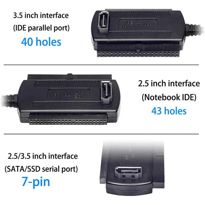 3 in 1 USB 2.0 to IDE SATA Cable Adapter for 2.5 3.5 5.25 Inch HDD Hard Drive CD DVD ROM RW, Converter Cable with EU/US/UK Power