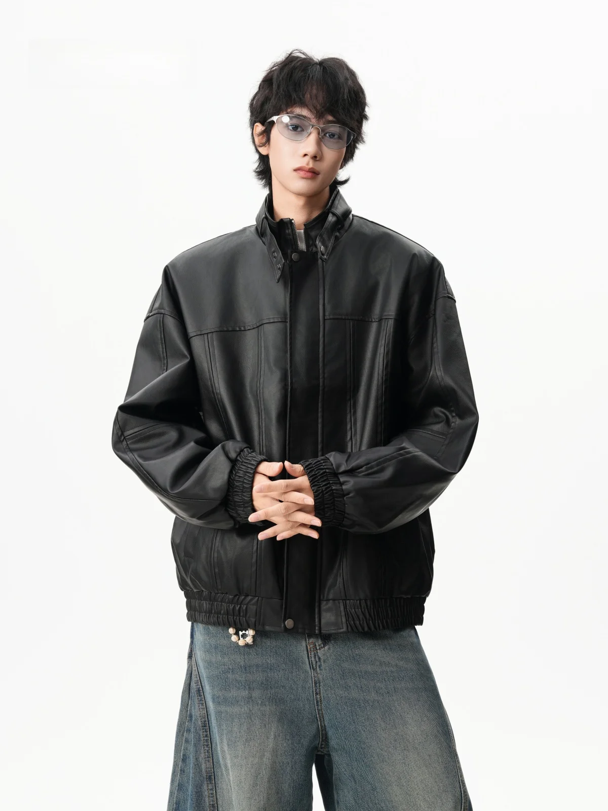 

Теплый байкерский кожаный джет с воротником-стойкой для мужчин, универсальная повседневная зимняя верхняя одежда из полиэфирного волокна, длинная молния Clo...