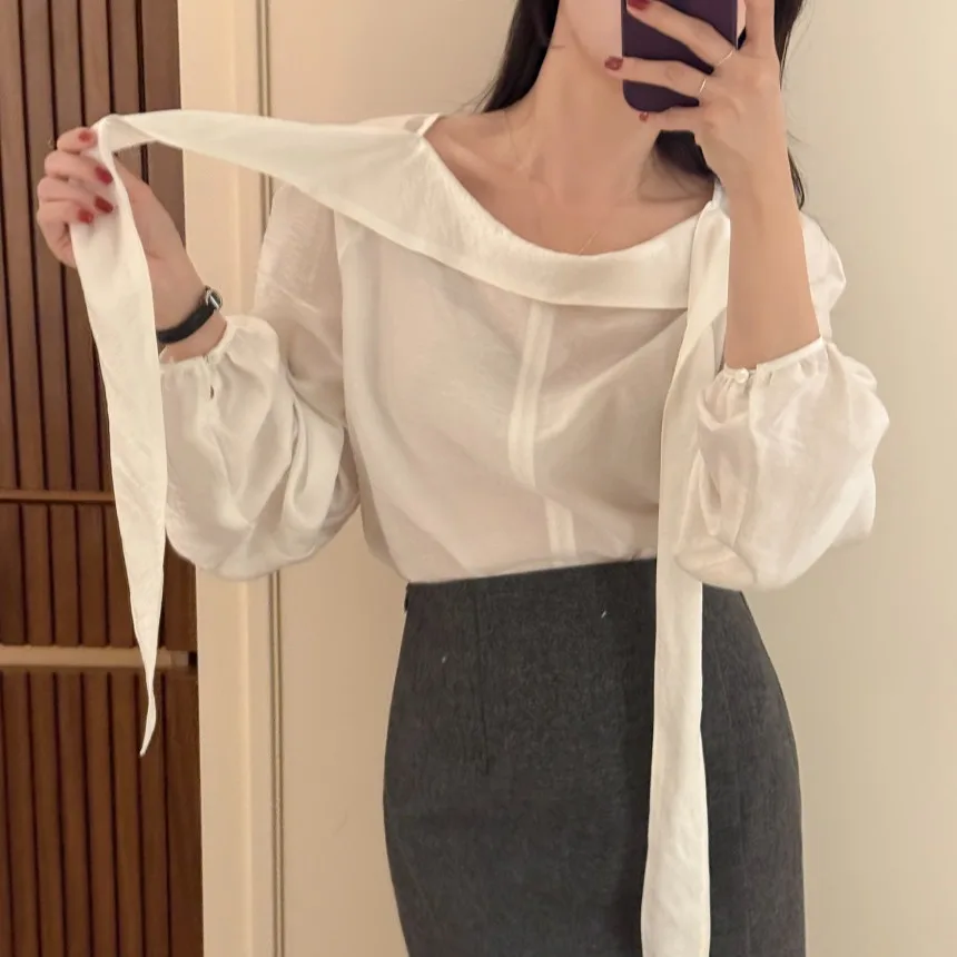 Schickes Damen-Chiffon-Oberteil mit langem Sve-Design und hohem Kragen, Sensation Sa, Frühling, Sommer, Herbst, faionable irt Drifting Belt