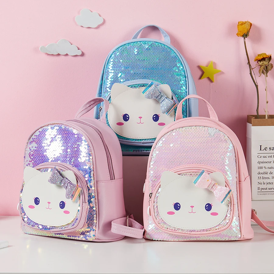 Girls cute backpack with zipper closure cartoon cat sequin backpack suitable for girls to go out and use as a birthday gift