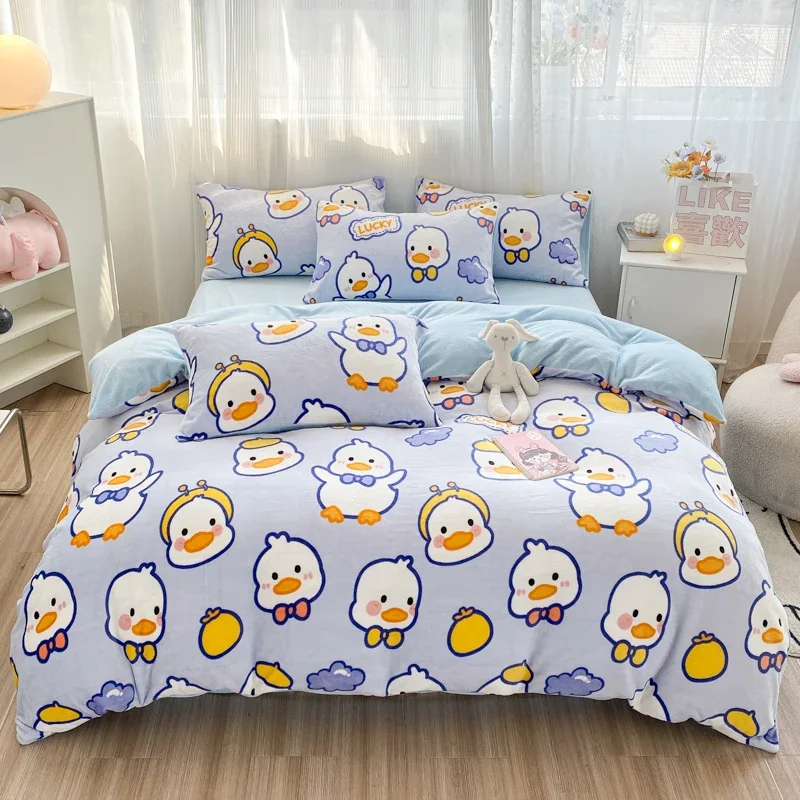 

Cartoon White Duck Duvet Cover 3pcs Flannel Bedding Set Lovely Animal Plush Comforter Cover Kids Boys Girls Bedroom Quilt Cover