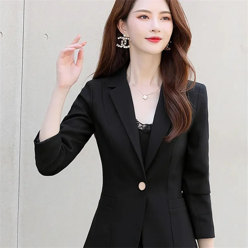 女性ブレザー無地フォーマルスリムブレザー長袖ストリート春秋スリムフィットターンダウンカラースーツコートオフィス用