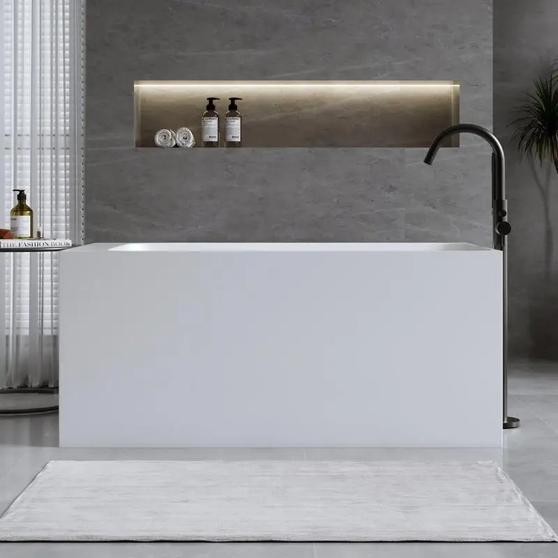 

51-Inch Freestanding Matte White Solid Surface Soaking Tub with Drain and Overflow, Durable Resin Stone Bathtub for Modern