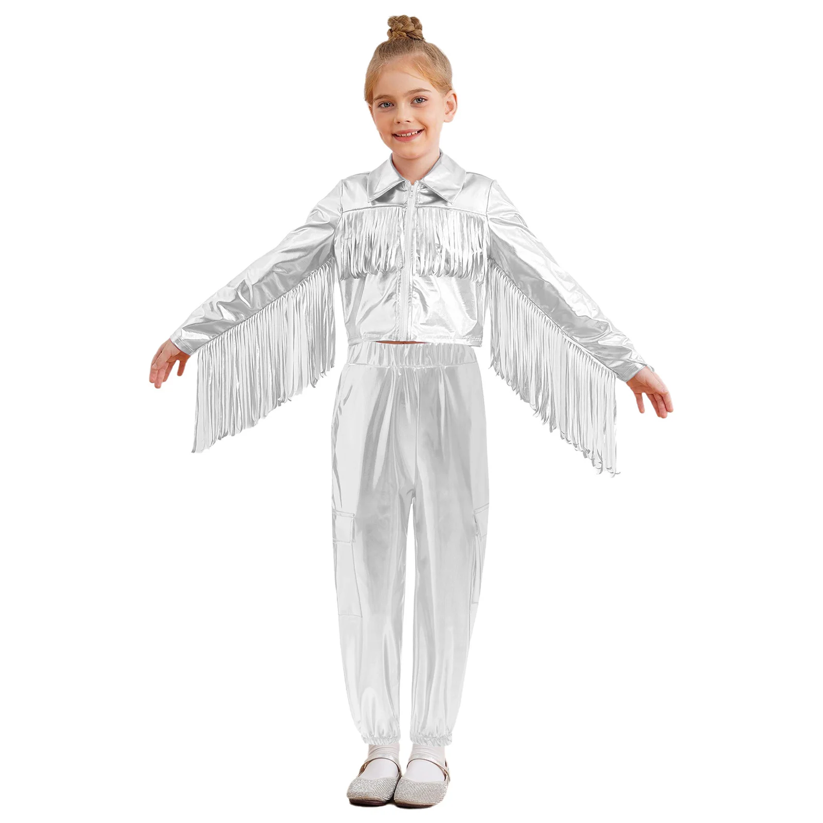 

Girls Metallic Shiny Dance Outfit for Modern Street Hip hop Performance Costume Zipper Tassels Jacket with Pants Show Dancewear