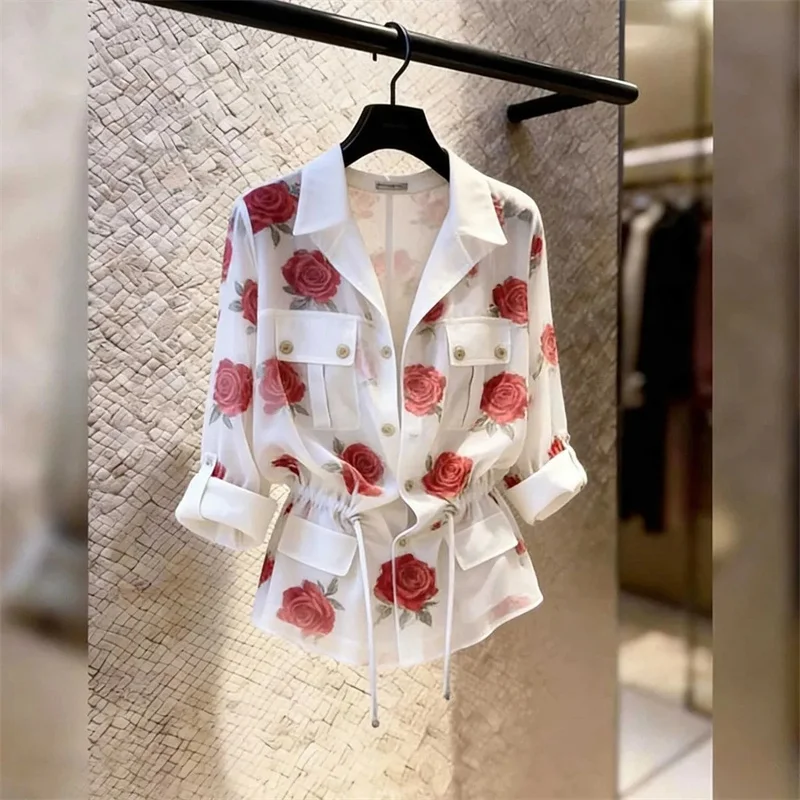 Women's Shirts Blouse Design Sense Rose Printed White Shirt 2026 Summer New Long Sleeve Waist Strap Collar Style Top