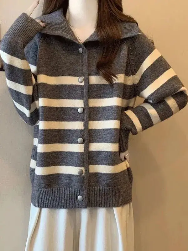 Women's Knitted Open Cardigan Long Sve  Collar Loose Faionable Spring Autumn New Sle Single Button Sweater Coat