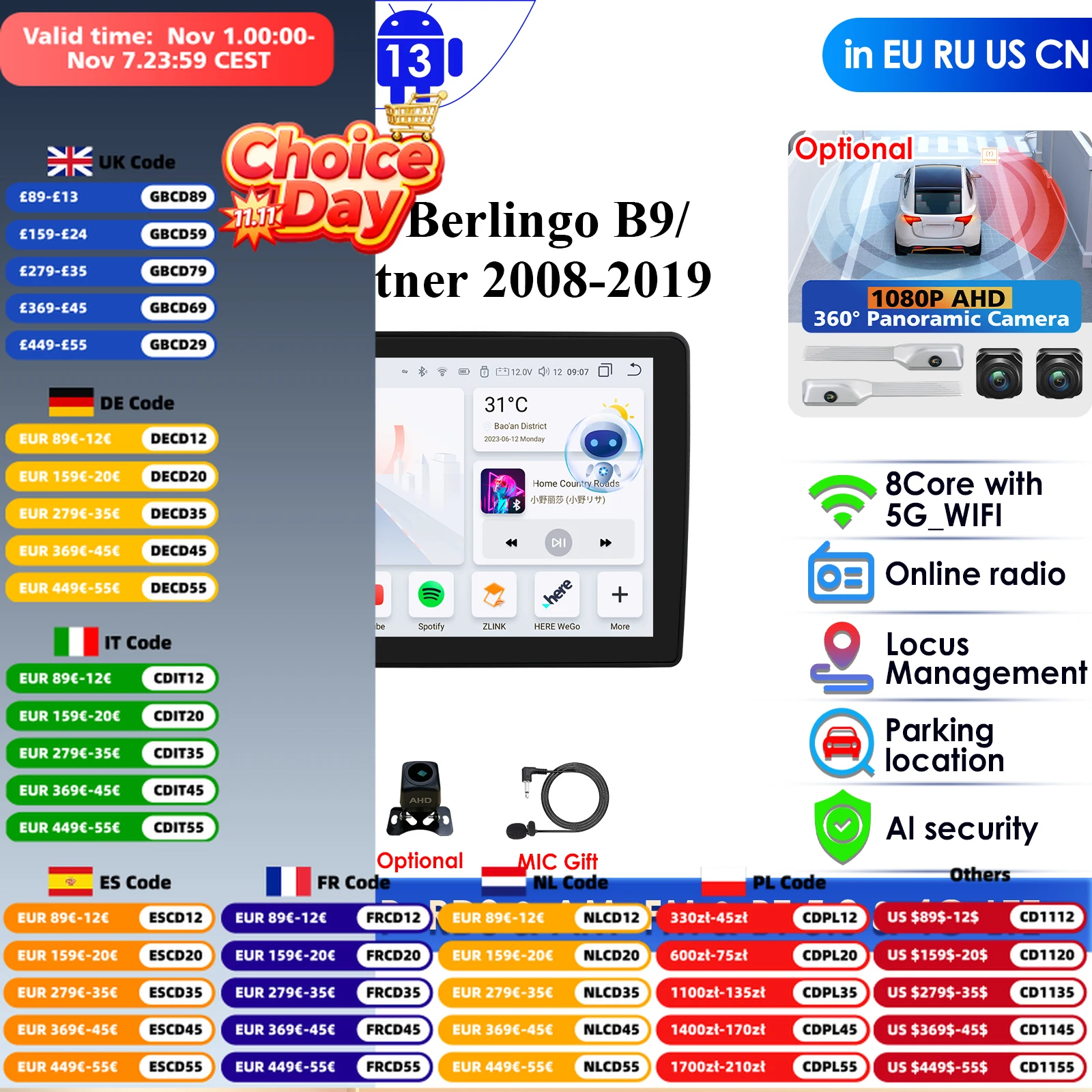 360 Camera AI Intelligent Player 2din Android Car Radio for Citroen Berlingo B9 Peugeot Partner 2008-2019 GPS Carplay Auto 4G BT