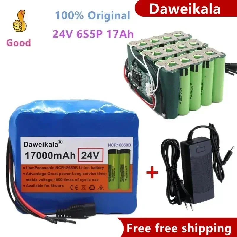 Pack de batteries 6S5P 100% originales 24V 17ah 18650, 25.2v 17000mAh, lithium-ion pour vélo électrique, avec chargeur