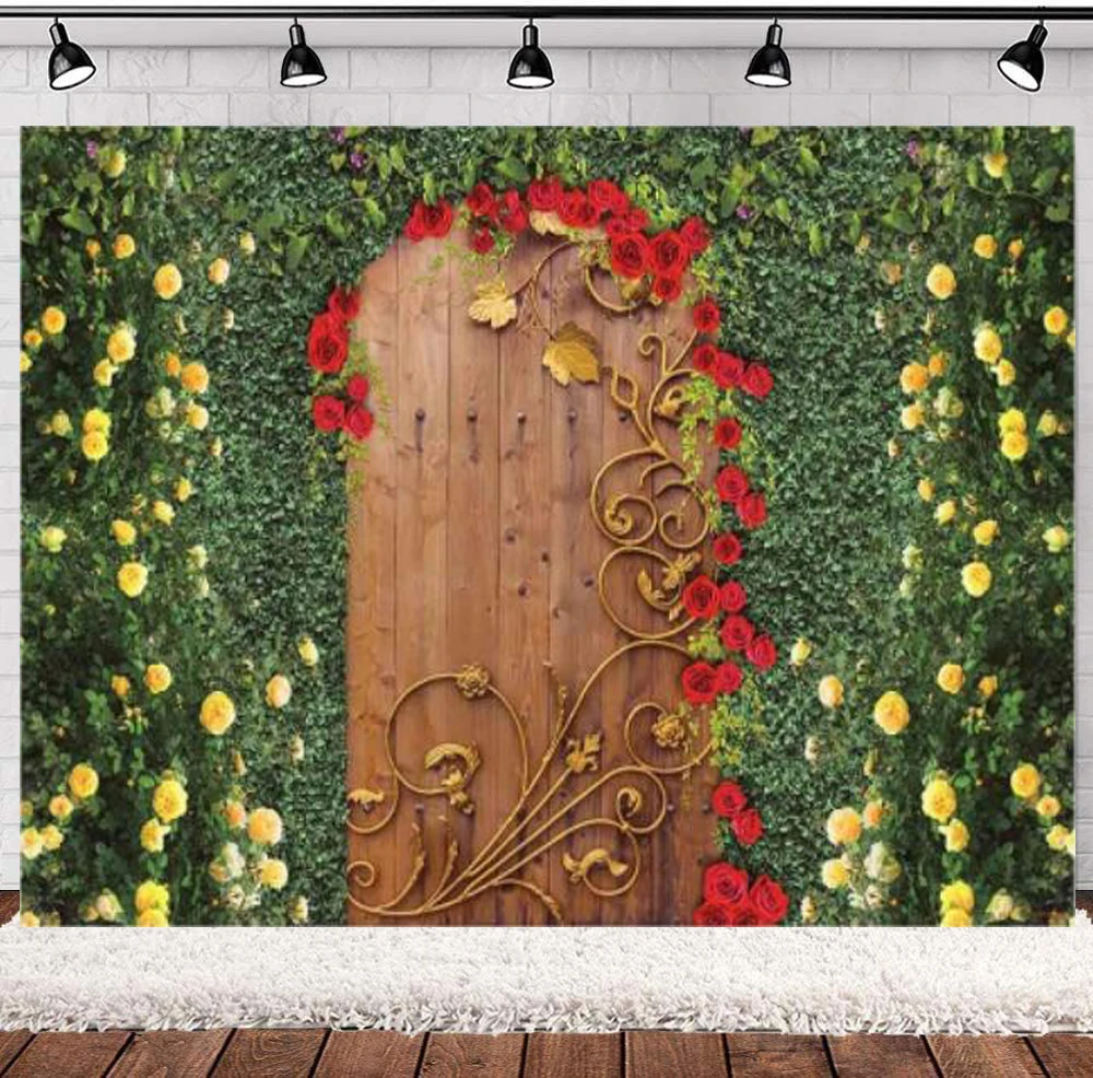 

Beauty Flower Garden Door Photography Backdrop Tea Party Birthday Wedding Decor Green Lawn Leaves Spring Wonderland Background