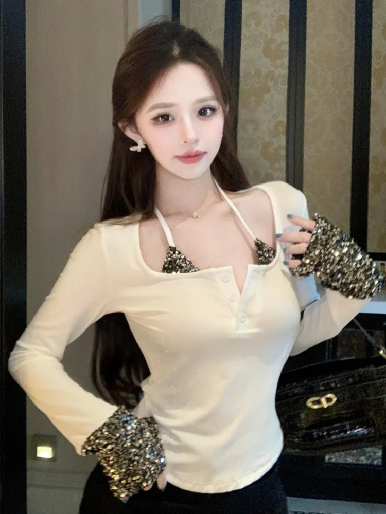

American Heavyweight Sequin Splice Long Sleeve U-Neck T-Shirt Women's Early Autumn Spicy Design Unique Base Shirt Trendy