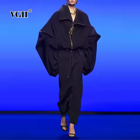 VGH Solid Spliced Metal Zipper Jacket for Women Hooded Batwing Sleeve Patchwork Drawstring Hem Loose Sport Casual Jackets Female