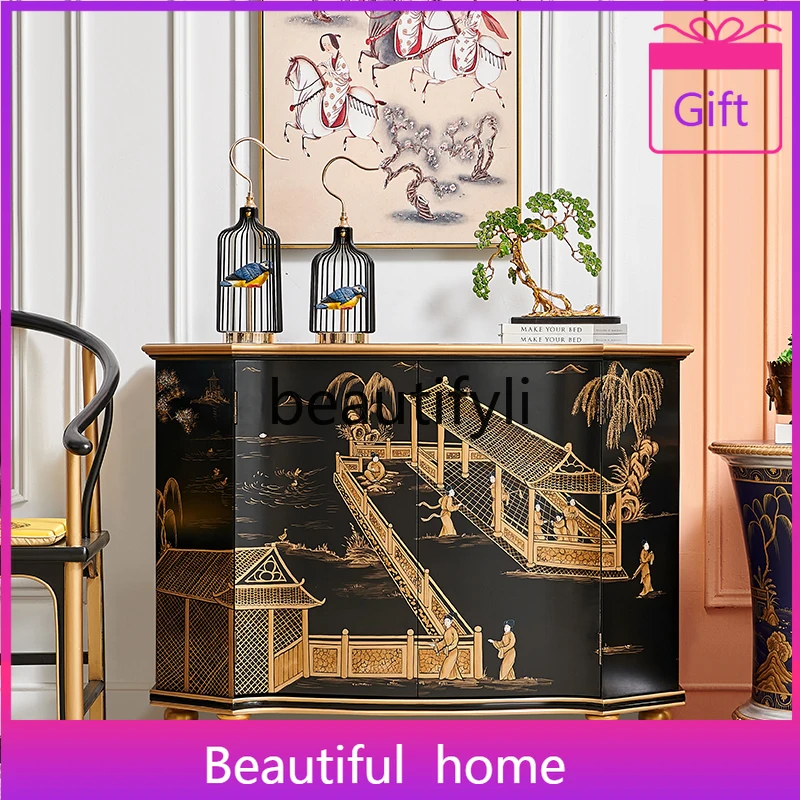 

Новая китайская вилла с росписью черного золота, французская средневековая расписанная фигура, элитный вход из цельного дерева, декоративный шкаф для входа в фойе