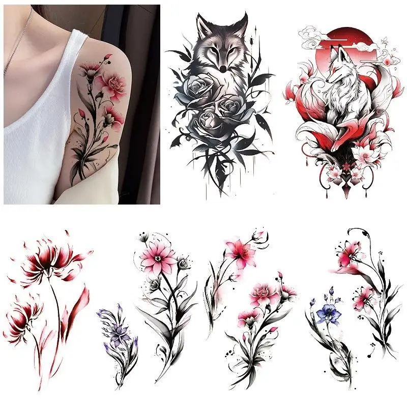 

Colorful Flowers Fox Phoenix Temporary Tattoos for Men Women Tattoo Stickers Waterproof Long-Lasting Realistic fake tattoo