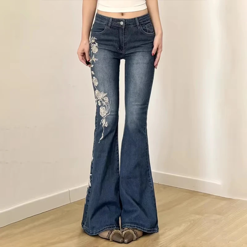 

Women Retro Y2k Jeans Baggy Floral Embroidery Jeans Vintage 2000s Low Rise Flared Denim Pants High Street Basic Trousers