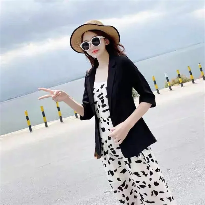 

Korean Women Solid Color Seven Points Sleeve Small Suit Top Coat 2024 Summer New Splicing Thin Seven Points Sleeve Blazer Jacket