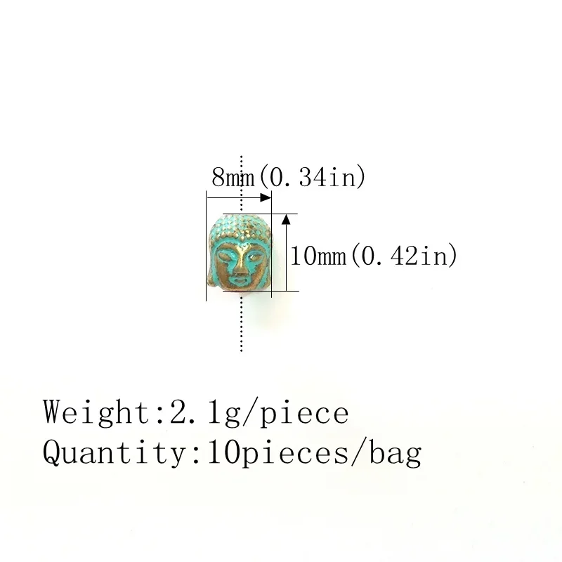 10pcs/lot 10MM Antique Patina Zinc Alloy Green Buddha Head Charms Beads Fit for Bracelet Necklace Crafts Making DIY Accessaries