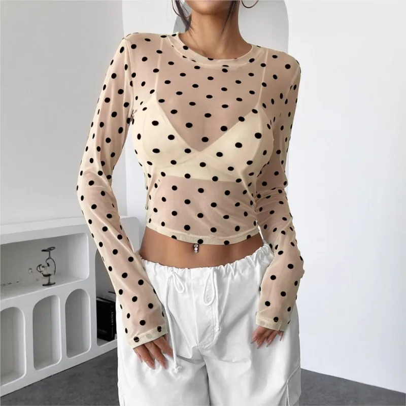 2025 Long Sleeve Blusas Chiffon Tops O Neck-round Woman Clothing  Vintage Slim Fresh And Sweet Commuting Perspective Polka Dots