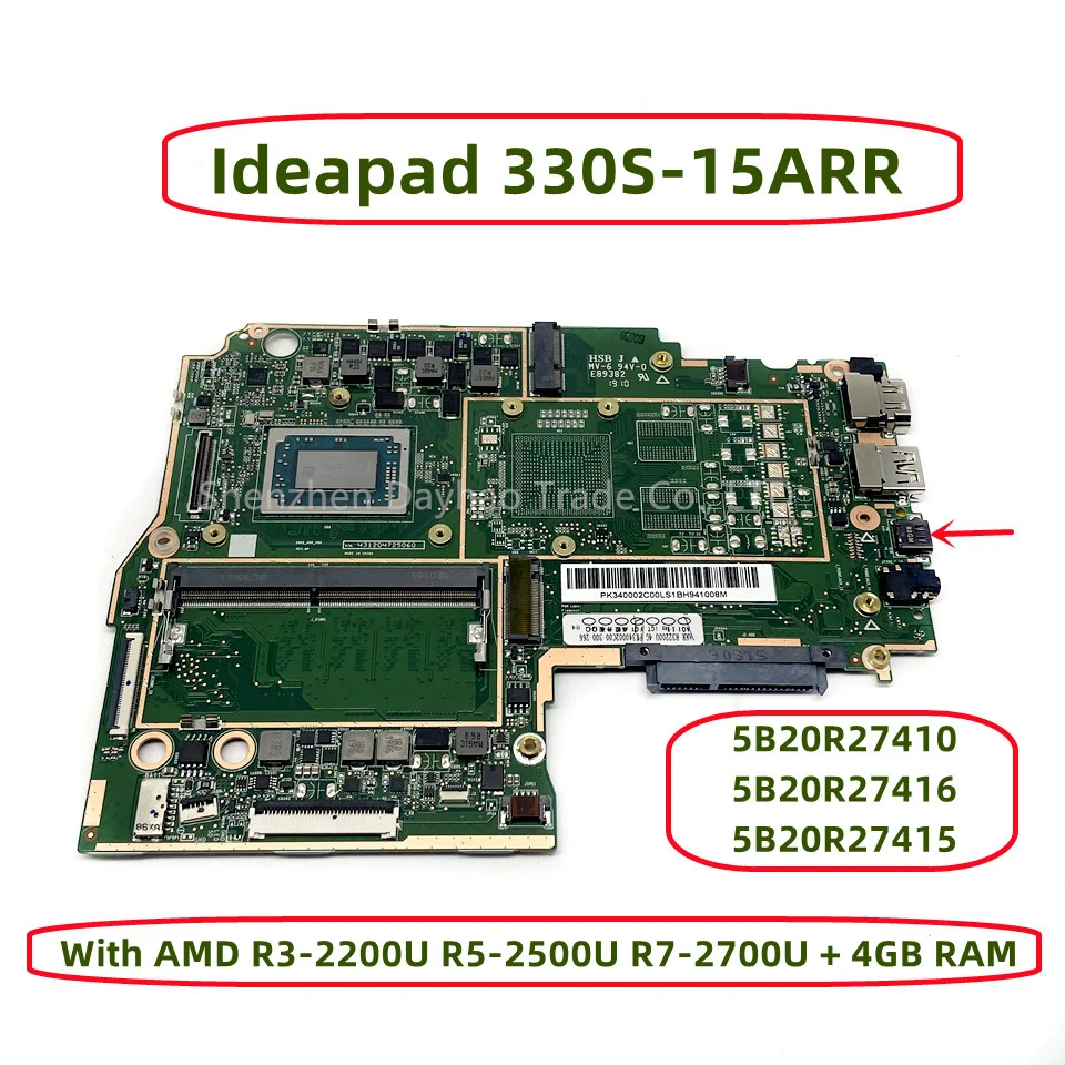 Placa-mãe portátil para Lenovo IdeaPad, FRU: 5B20R27416, 5B20R27415, AMD R3-2200U, R5-2500U, R7-2700U, 4GB de RAM, DDR4