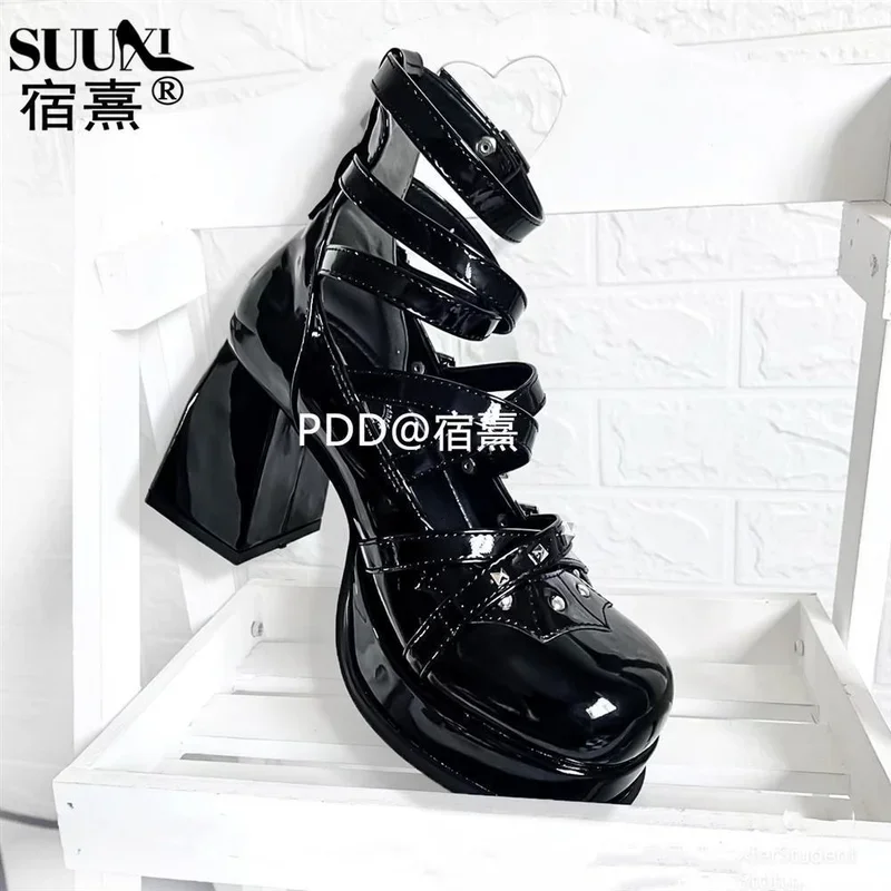 Judgment Angel punk style Gothic high heels Lolita shoes round head cross buckle thick heels