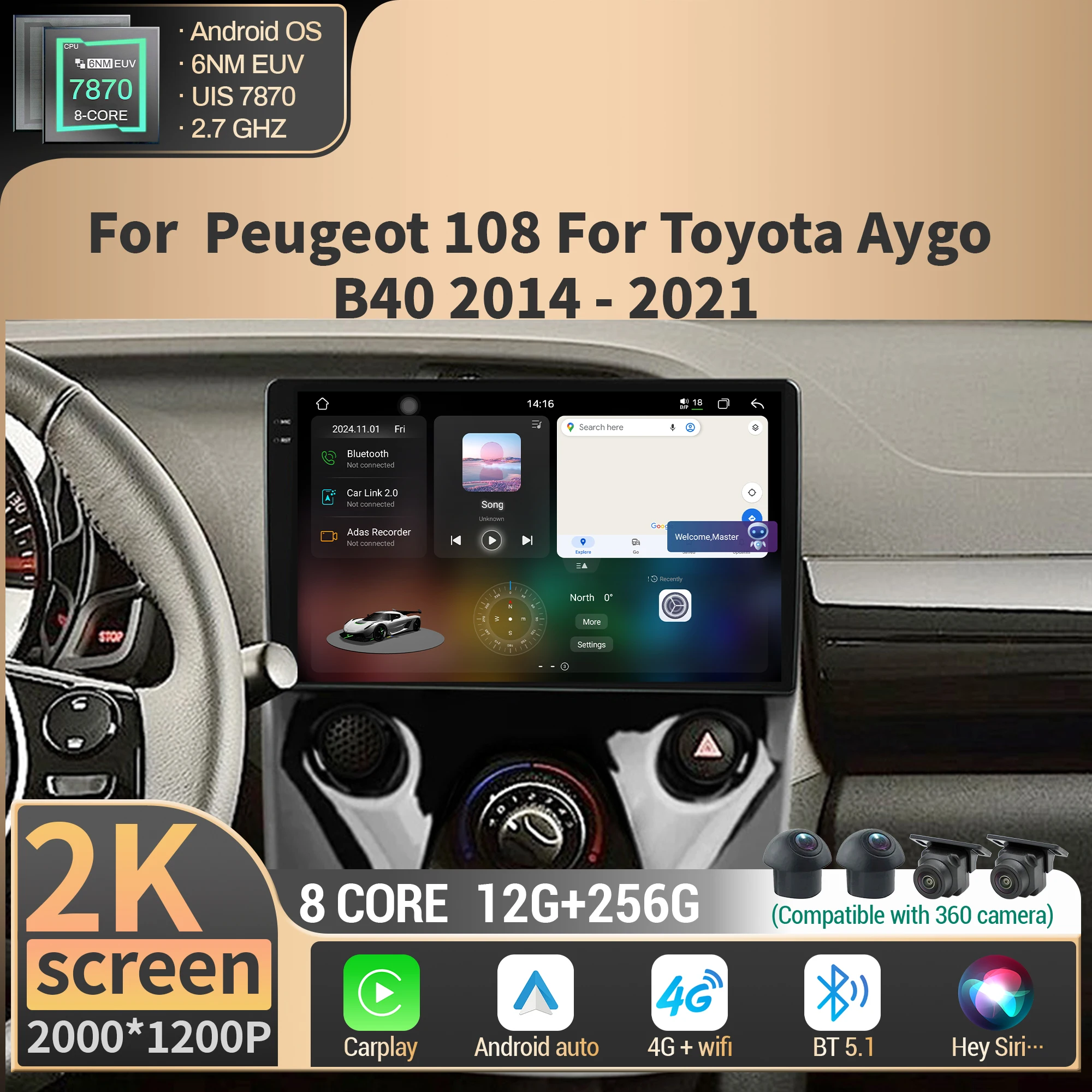 

For Peugeot 108 For Toyota Aygo B40 2014-2021 Wireless BT Carplay Car Radio Multimedia Android 4G GPS CPU 7870 2K QLED Screen
