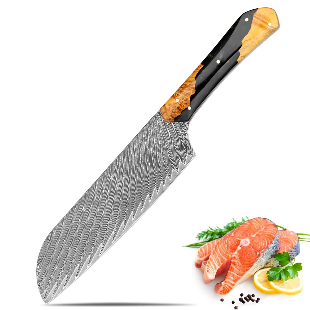

Japanese 7 Inch Santoku Knife Damascus Steel Kitchen Knife,Full Tang Best Chef Santoku knives,Black Resin Stabilised Wood Handle