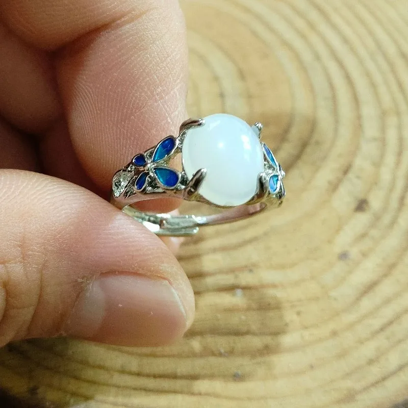 Jianjie المرأة المينا اللون فراشة مطعمة الفاخرة حمامة البيض حجر خواتم مفتوحة أنيقة مأدبة السيدات حلقة اكسسوارات الاتجاه #1