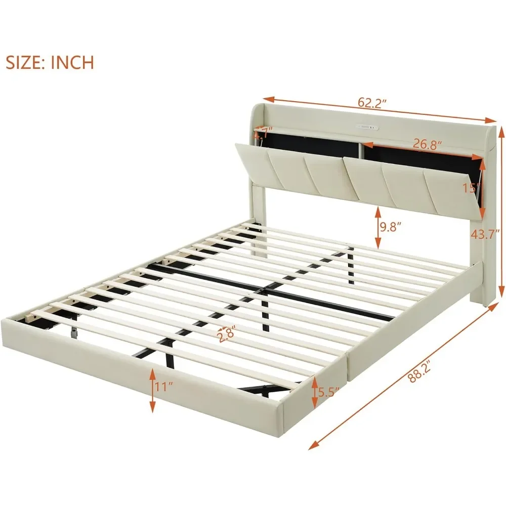 Queen Bed Frame with Storage Headboard，Touch Sensor Night Light and USB Charger, No Box Spring Needed，Floating  Bed Frame