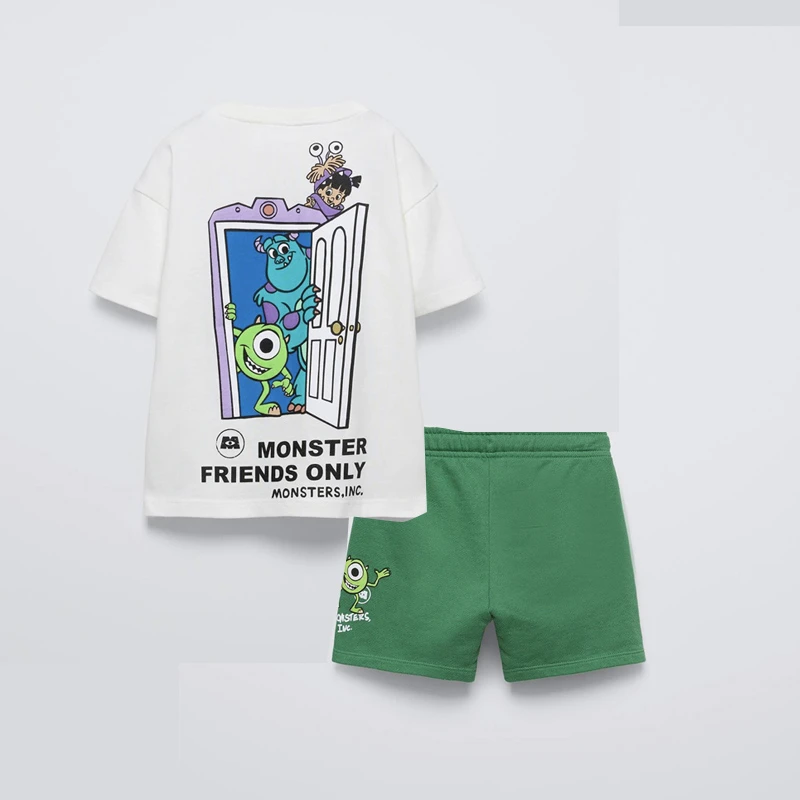 Cute Monster Print Tees Green Shorts Baby Summer New Clothing Trendy Simple T-shirt All-match Shorts Child Cotton Thin Outfits