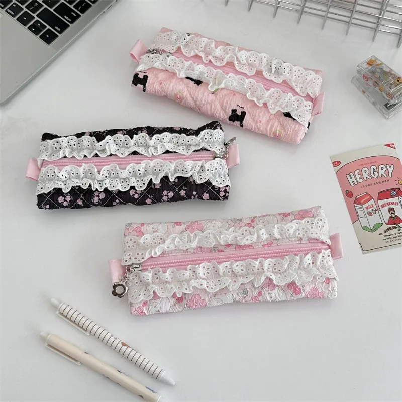 Cute Sweet Lace Ruffle Pencil Case for Girl Pink Color Cartoon Animal Pen Pouch Portable Creative Design Stationery Organizer