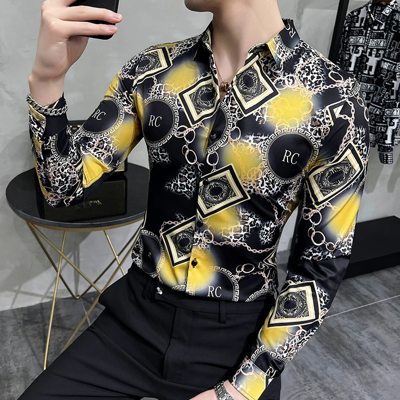 6XL Vintage Long Sleeve Mens Shirt Autumn British Style Slim Fit Leopard Printed Male Shirts Blouses Streetwear Social Nightclub