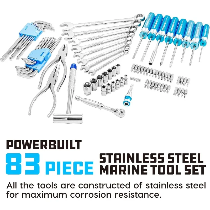 83 Pc. 420J2 Stainless Steel Marine Boat Repair Tool Set, Drivers, Pliers, Wrenches, Mallet, Bit Driver/Bits, Sockets