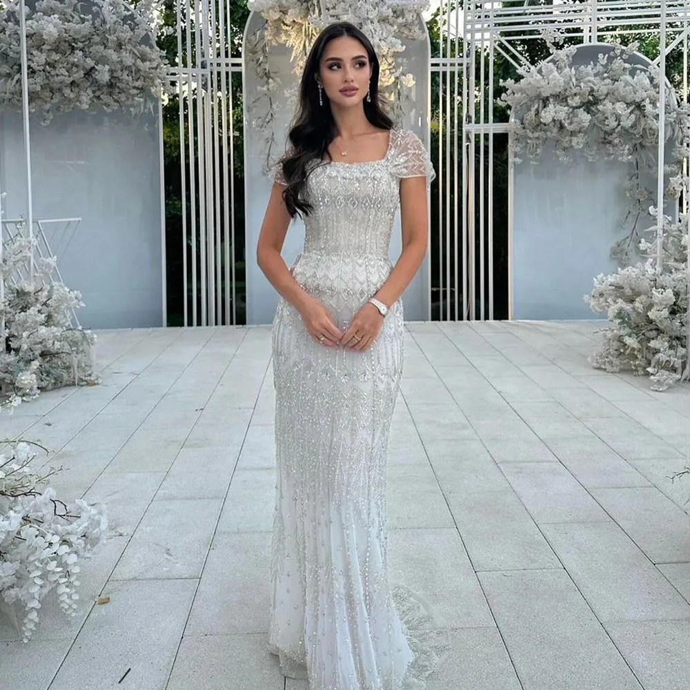 SERENE HILL Customized 2025 Arabic White Mermaid  Short Sleeves Beaded Long Evening Dress Gown   Occasion CLA72714