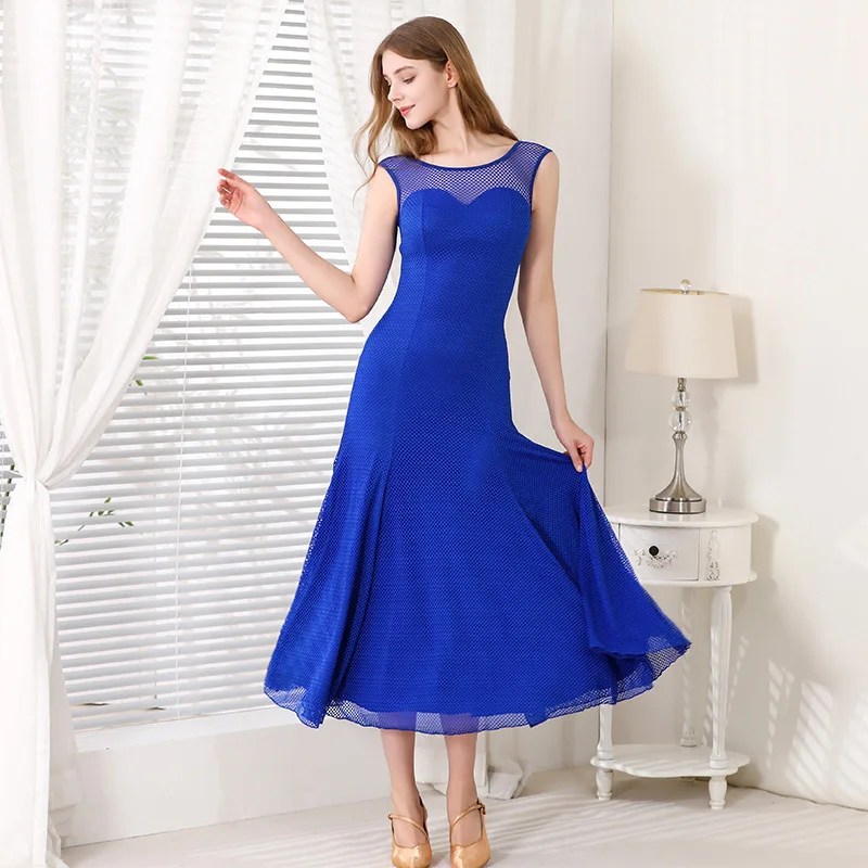 

Women Ballroom Dance Dress Women Blue Costume Ice Silk Sleeveless Waltz Evening Dresses Ballroom Dancing Performance