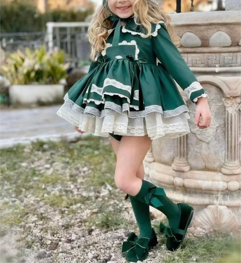 

0-8Y Baby Girl Autumn Green Red Vintage Princess Dress for Birthday Photography Holiday Eid Christmas C328