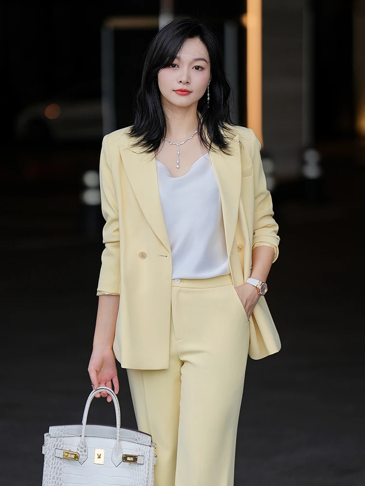 

Yellow Korean Sle Slim Fit Profional Suit Jaet Long Sve Hotel Manager Work orm Fengjing Busin Women's Coat