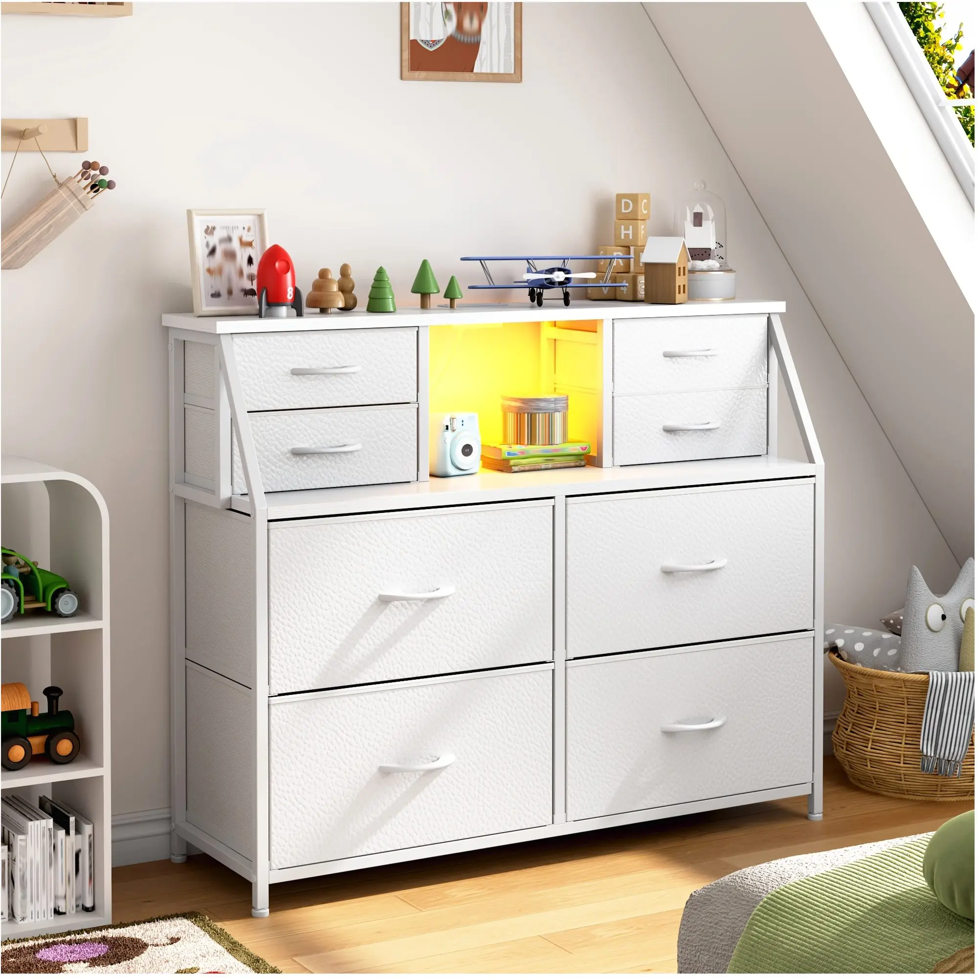 8-Drawer Wooden-Top Dresser with Built-in Power Strip & Soft-Glow LED Lighting | 2 Open Shelves for Easy Access | Sturdy Metal Frame + Smooth Pull Handles | Versatile Use in Bedroom, Kitchen, Hallway or Entryway | Modern White / Black / Brown Finish