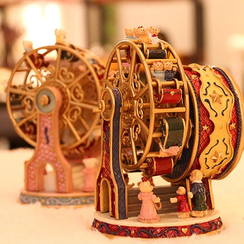 Resin Cartoon Bear Ferris Wheel Rotate Music Box Desktop Ornament Birthday Gift Living Room Bedroom Creativity Home Decoration