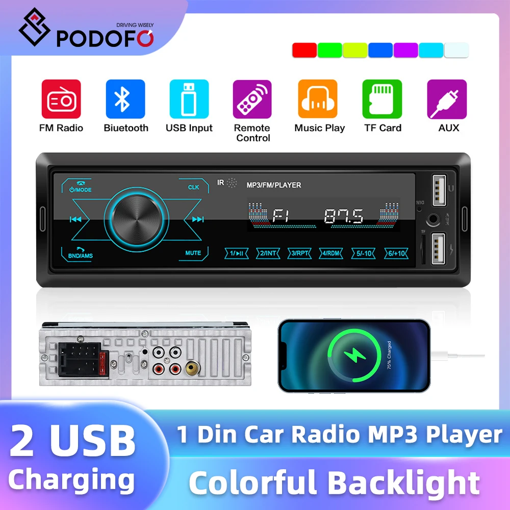 Podofo 1 DIN Car Radio Stereo In-Dash Mp3 Player Bluetooth USB/SD/AUX-IN 12V Touch Screen Seven Colors Lights FM Car Radio