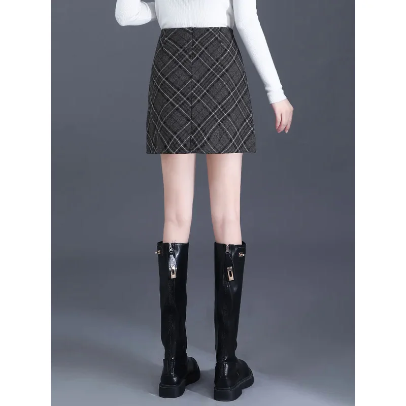 Womens 2024 Autumn/Winter Gray/Coffee Grid A-Line Skirt Fashion High Waist Ladies S L XL XXL 3XL Female Above Knee Skirt