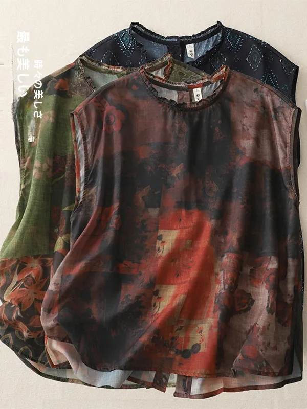 

Retro Floral Print Cotton Linen Vest Women's Summer Thin Straight Cut Button up Top Commute Sle Single Piece Plant Floral