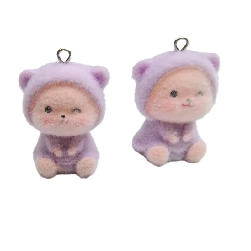 10pcs 3D Kawaii Mini Flocking little bear Charms Resin Cartoon Animal Pendant For Bag Keychain Earring DIY Crafts Jewelry Make