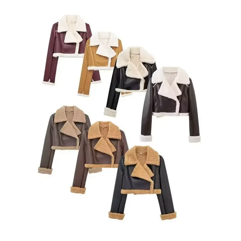 แจ็คเก็ตไบค์เกอร์ผู้หญิงแบบสองด้าน รุ่นใหม่ ปี 2025 สำหรับฤดูใบไม้ร่วงและฤดูหนาว ผ้าฝ้ายหนา ซิป แจ็คเก็ตสั้นแฟชั่น สีสันตัดกัน