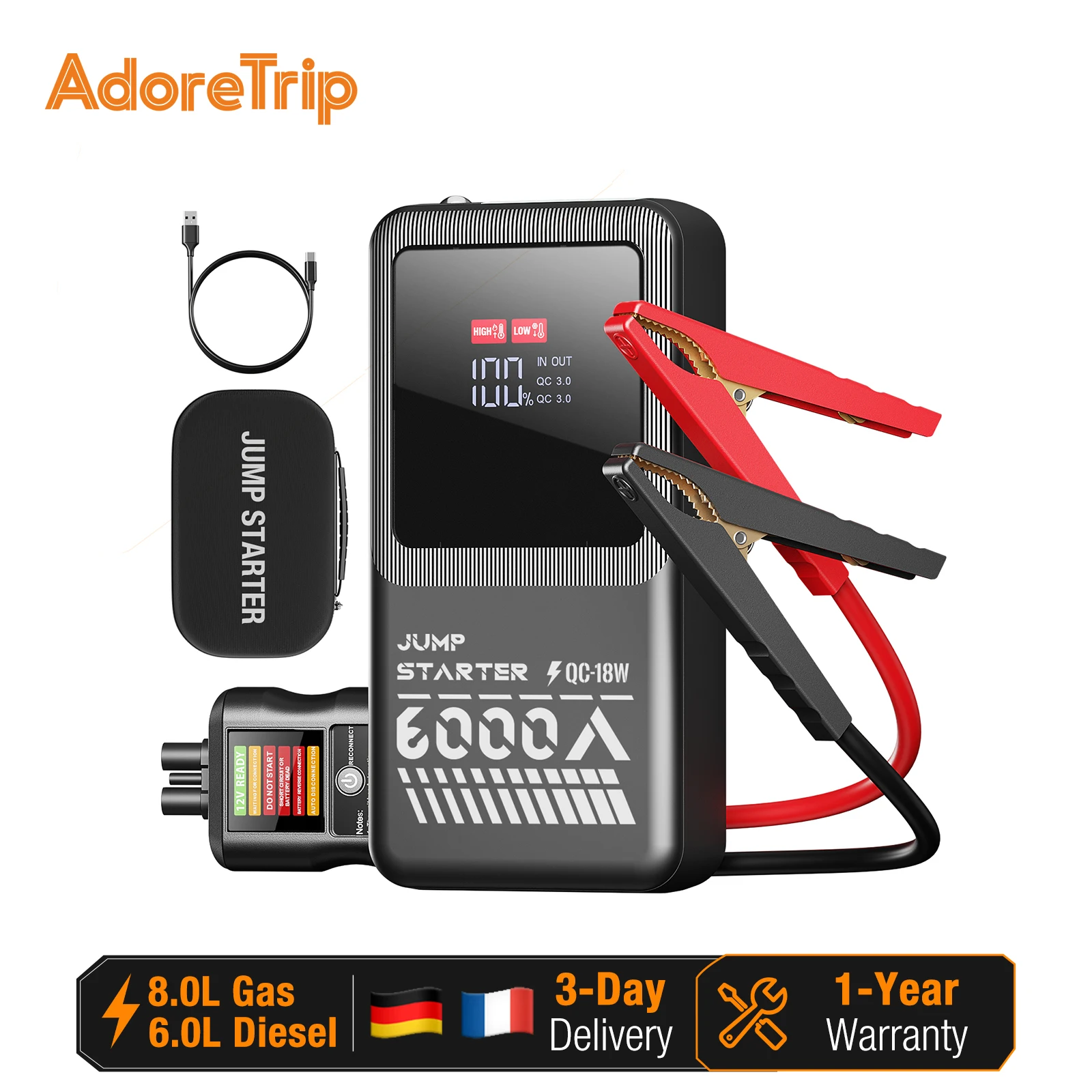 AdoreTrip 6000A Tragbarer Auto-Starthilfe-Booster 16000mAh 12V Batterie-Booster Powerbank mit LED-Licht Smart-Klemmen 1 Jahr Garantie