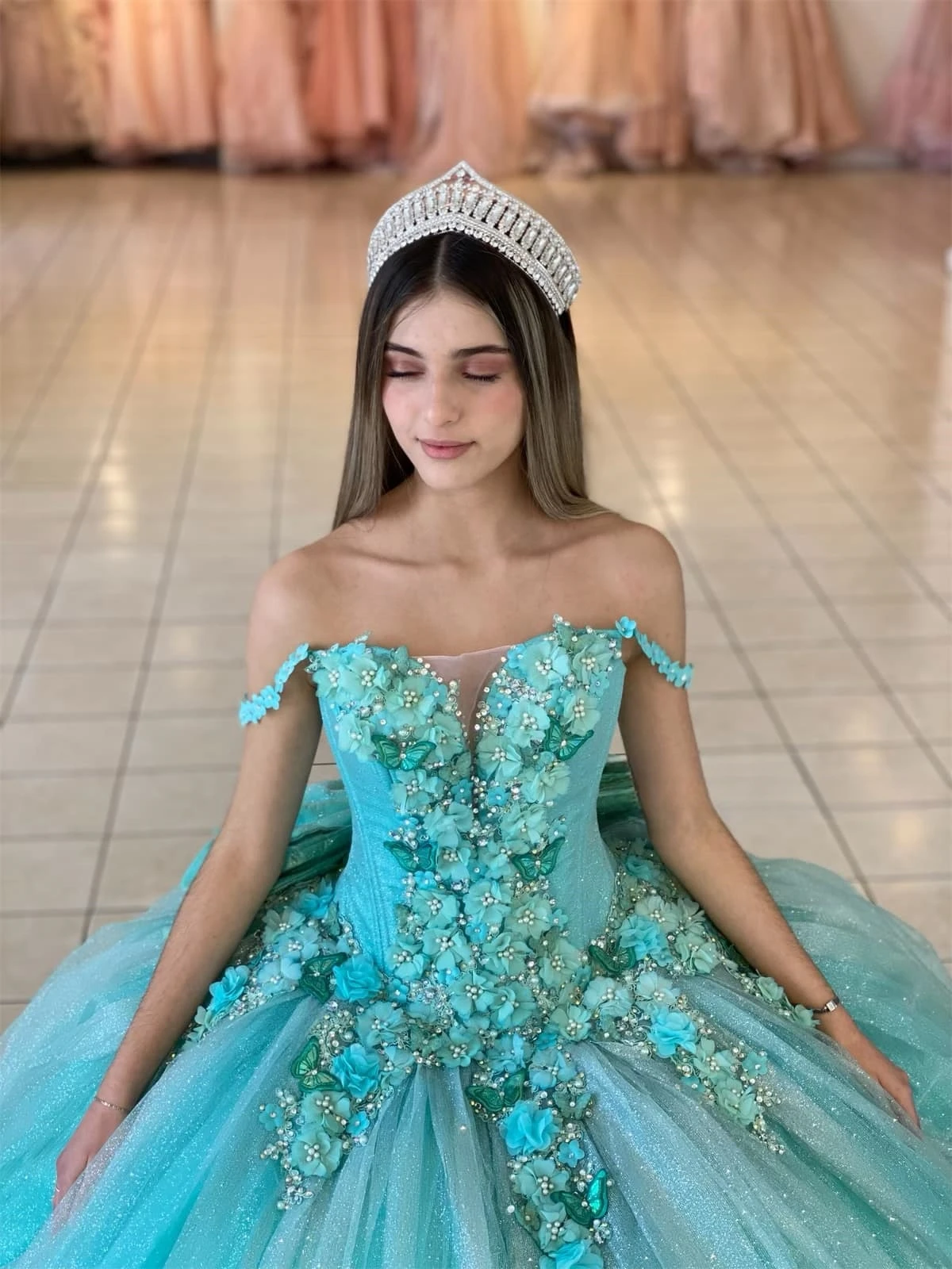 Vestidos de Quinceañera de princesa turquesa, vestido de baile con hombros descubiertos, apliques de tul, dulce 16 vestidos, 15 Años, mexicano