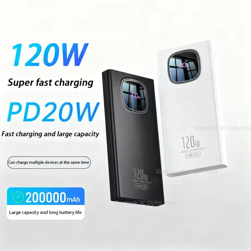

200000 мАч Power Bank Сверхдлинный аккумулятор 120 Вт Сверхбыстрая зарядка Освещение Большая емкость Открытый внешний аккумулятор для всех телефонов