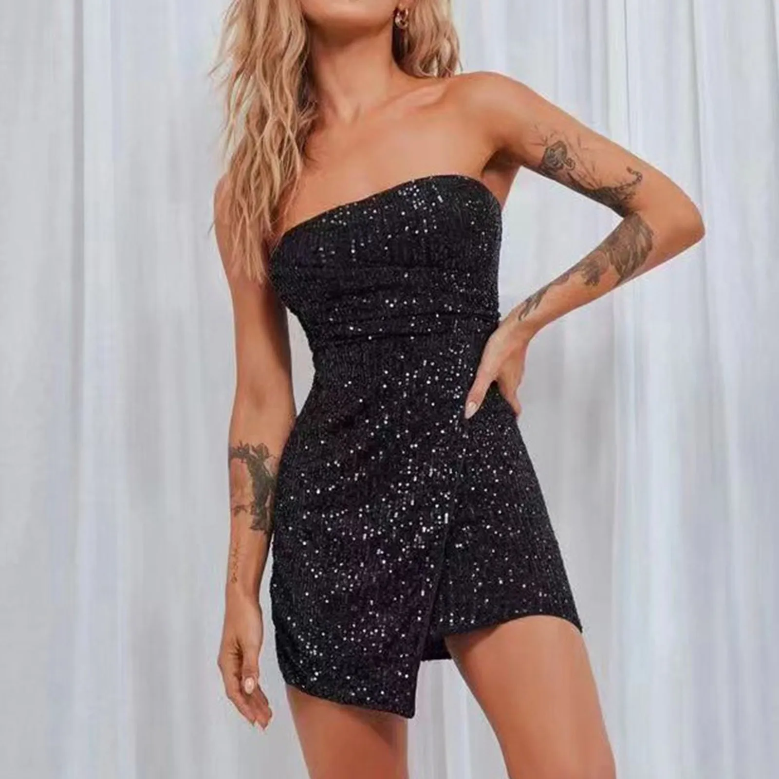 Luxury Glitter Sequins Party Birthday Nightclub Dress for Women Sexy One Shoulder Long Sleeve Feathers Cocktail Prom Robe