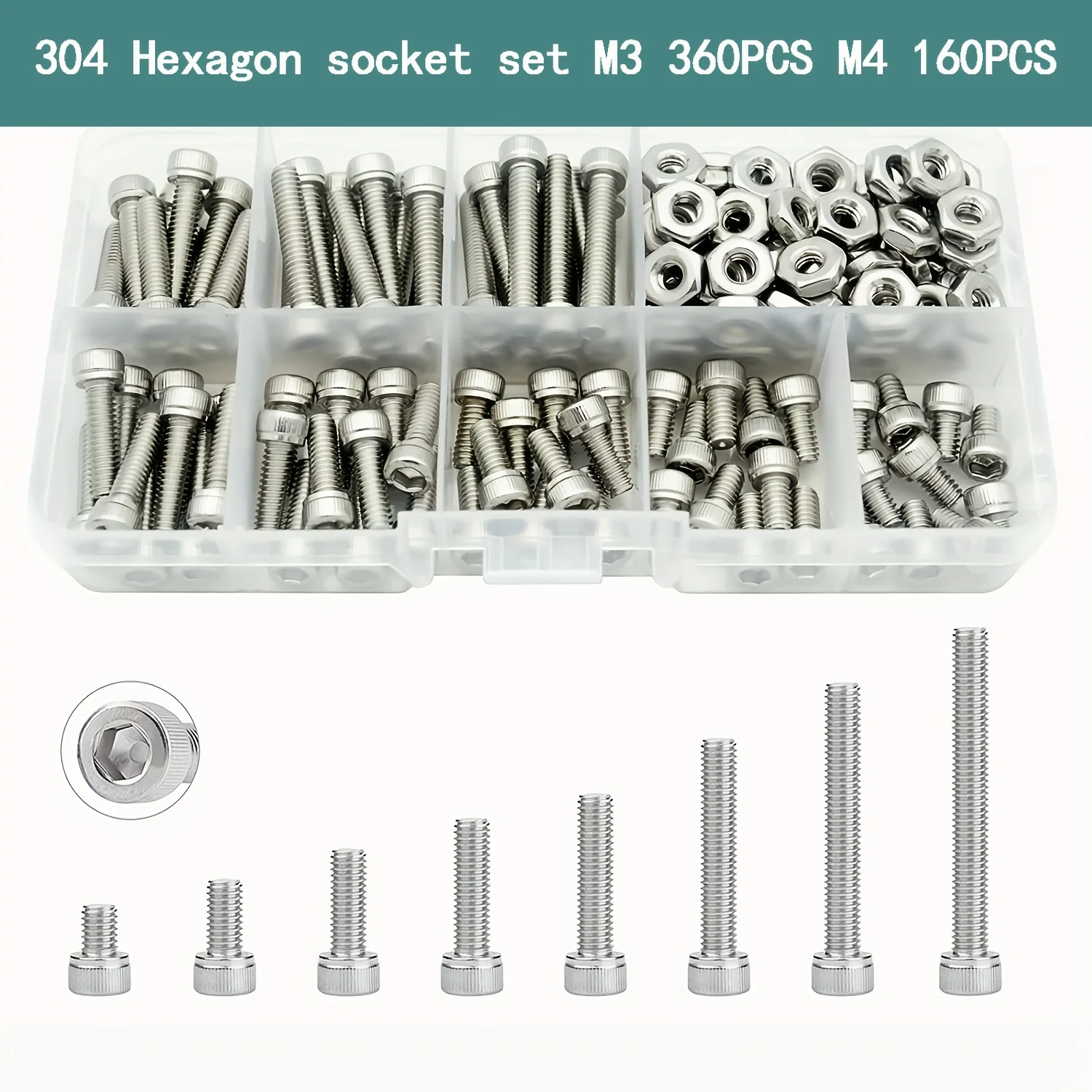 320 pieces, 160 pieces of metric M3 M4 304- stainless steel socket head cap screw and nut sorting kit